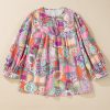 Women's Multicolour Boho Floral Bubble Sleeve Pleated Blouse with Tassel Tied Neck - Image 6