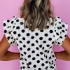 Women's White Polka Dot Print Ruffled Sleeve V Neck Blouse - Chic & Trendy - Image 2