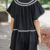 Women's Black Contrast Ricrac Trim Short Sleeve V Neck Mini Dress - Chic Summer Style - Image 2