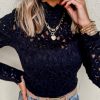 Women's Black Flower Lace See-Through Mock Neck Long Sleeve Top - Image 2