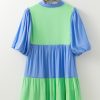 Women's Dark Blue Colorblock Frilled V Neck Puff Half Sleeve Shift Dress - Image 6