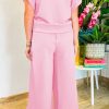 Women's Pink Textured Ruffled Sleeve Zipped Top and Wide Leg Pants Set - Image 2