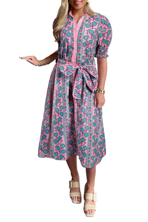 Women's Pink Floral Shirred Puff Sleeve Midi Dress with Sash - Bohemian Style