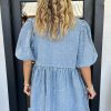 Chic Dusk Blue Bowknot Bubble Sleeve Short Denim Dress for Women - Image 2