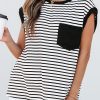 Women's Casual Black Stripe Round Neck Tank Top with Chest Pocket - Image 8