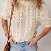 Chic Women's Beige Hollowed Pattern Knit Short Puff Sleeve Sweater - Image 7