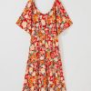 Women's Plus Size Orange Floral V Neck Flutter Sleeve Dress - Cinched Waist for Flattering Fit - Image 10