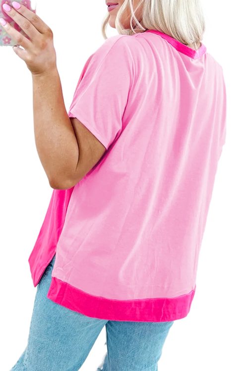 Bright Pink Colorblock Patchwork Plus Size Henley Top with Short Sleeves