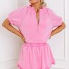 Chic Women's Pink Half Zip Puff Sleeve Top with Ruffled Shorts Set - Image 6