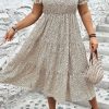 Women's Plus Size Beige Leopard Print Frill Trim Short Sleeve Flared Midi Dress - Image 5