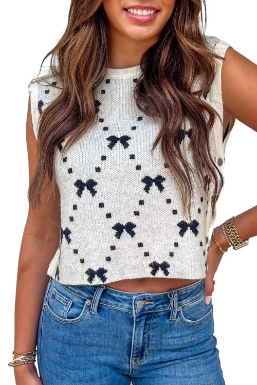 Charming White Bow Pattern Buttoned Side Cropped Sweater Vest for Women