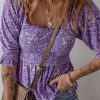 Women's Purple Boho Paisley Print Half Sleeve Shirred Peplum Blouse - Image 3