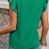 Women's Dark Green Embroidered Ruffled Sleeve Slim Fit Crew Neck Top - Image 2