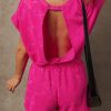 Women's Rose Red Mineral Wash Drawstring Waist Hollow Out Back Short Sleeve Romper - Image 2