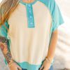 Plus Size Mint Green Color Block Raglan Sleeve Buttoned T-Shirt for Women - Image 8