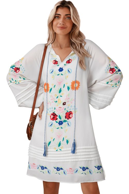 Women's White Floral Print Boho Mini Dress with Tassel Tie and Puff Sleeves