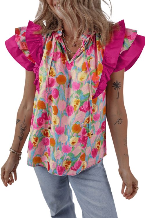 Women's Pink Floral Layered Ruffle Flutter Sleeve Tie V Neck Blouse - Elegant Spring Style