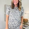 Women's Beige Leopard Round Neck T-Shirt with Lace Trim and Petal Sleeves - Image 3