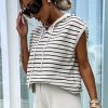 Women's White Stripe Drawstring Hooded Loose Sweater T-Shirt - Image 4