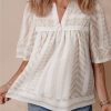 Women's Jet Stream Geometric Jacquard Split V Neck Short Sleeve Blouse - Image 2