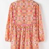 Women's Khaki Abstract Printed Long Sleeve Mini Dress with Tied Neckline - Image 5