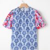 Women's Blue Floral Print Puff Sleeve Blouse with Frilled Neck - Western Fashion - Image 5