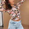 Women's Orange Floral Slim Long Sleeve Crop Top - Sheer Mesh Design - Image 4