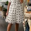 Women's White Polka Dot Print Short Sleeve Collared Buttoned Tiered Babydoll Dress - Image 2