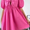 Bright Pink Puff Sleeve Tie Front High Waist Mini Dress for Women - Image 3