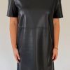 Women's Black Faux Leather Loose Fit T-Shirt Dress - Trendy & Comfortable Mini Dress - Image 3