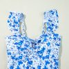 Women's Blue Floral Ruffled Strap Lace-Up Hollow Out One Piece Swimsuit - Image 14