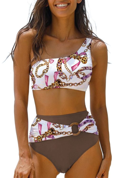 Women's Khaki Abstract Print One Shoulder High Waist Bikini - Chic & Flattering Swimsuit