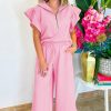 Women's Pink Textured Ruffled Sleeve Zipped Top and Wide Leg Pants Set - Image 3