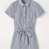 Women's Blue Stripe Buttoned Belted High Waist Romper with Chest Pockets - Image 7