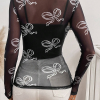 Women's Black Round Neck Long Sleeve Mesh Top with Bow Print - Image 2