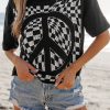 Women's Black Checkerboard Peace Sign Printed Round Neck T-Shirt - Image 7