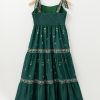 Elegant Blackish Green Floral Smocked Back Tied Straps Tiered Maxi Dress for Women - Image 6