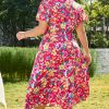 Women's Plus Size Pink Floral Print V Neck Pocketed High Waist Midi Dress - Image 3