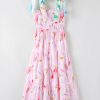 Women's Pink Floral Print Knotted Shoulder Smocked Maxi Dress for Summer - Image 5