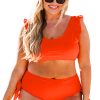 Women's Plus Size Orange Ruffled Trim Knotted High Waist Bikini Set - Image 28