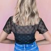 Women's Black Sheer Mesh Mock Neck Top with Bowknot Detail and Lettuce Trim Short Sleeves - Image 2