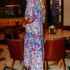 Women's Sky Blue Mixed Floral Print Tie Split Neck Short Sleeve Midi Dress - Image 3