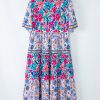 Women's Sky Blue Mixed Floral Print Tie Split Neck Short Sleeve Midi Dress - Image 8