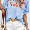 Women's Sky Blue Floral Embroidered Puff Sleeve Notched V Neck Blouse - Image 2