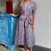 Women's Pink Floral Shirred Puff Sleeve Midi Dress with Sash - Bohemian Style - Image 2