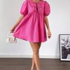 Bright Pink Puff Sleeve Tie Front High Waist Mini Dress for Women - Image 6