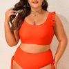 Women's Plus Size Orange Ruffled Trim Knotted High Waist Bikini Set - Image 6