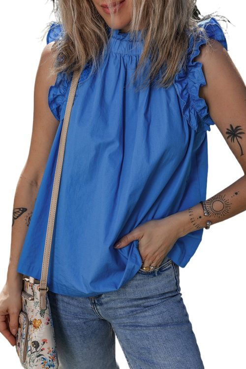 Women's Sky Blue Frilled Neck Ruffled Armholes Buttoned Back Tank Top