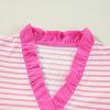 Women's Pink Stripe Ruffled V Neck Cap Puff Sleeve Top for Everyday Elegance - Image 13