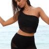 Women's Black Pleated Mesh One Shoulder Bikini Top and Skirt Set - Stylish Beachwear - Image 6